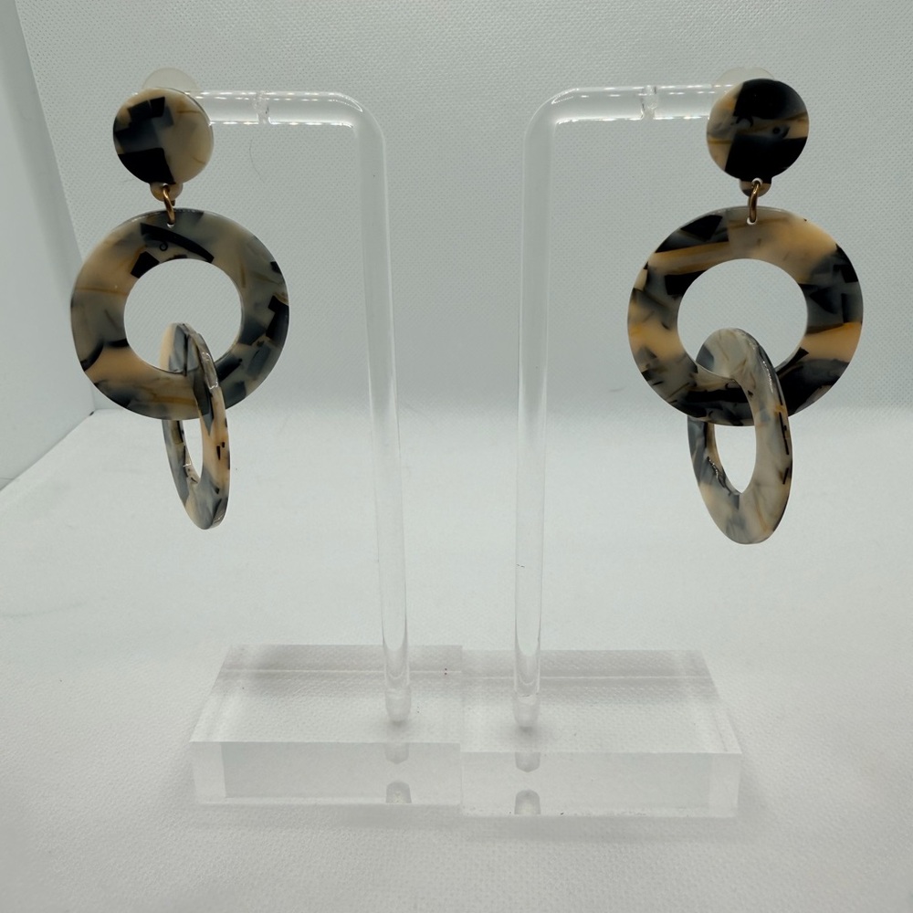 Marbled Resin Double Hoop Drop Earrings | Black & Ivory